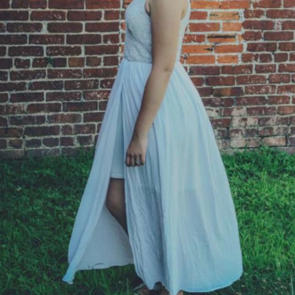Cream colored maxi dress.